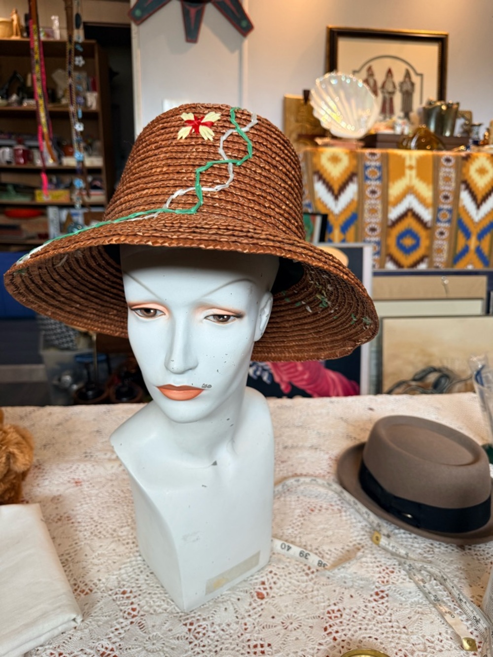 Mid Century Vintage Straw And Raffia Embroidered Beehive Style Hat